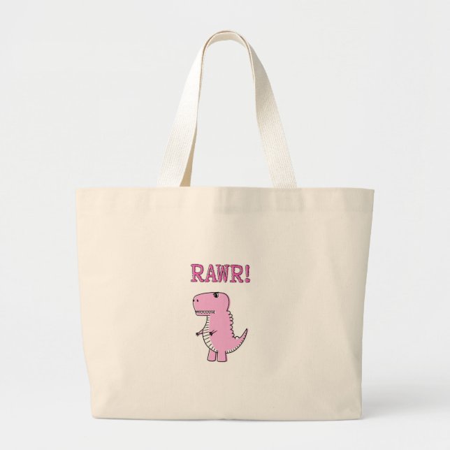 Bolsa Tote Grande Dinossauro T-Rex, Cartoon Rosa, Bonito E Irritado (Frente)