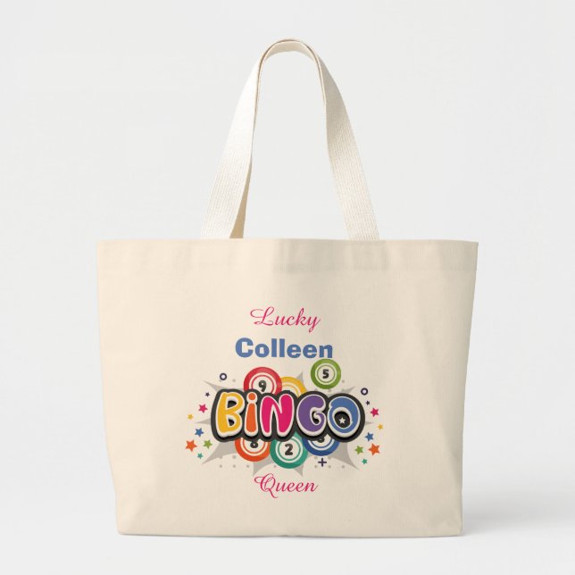 Bolsa Tote Grande Diversão do Bingo Queen Nome Editável (Frente)