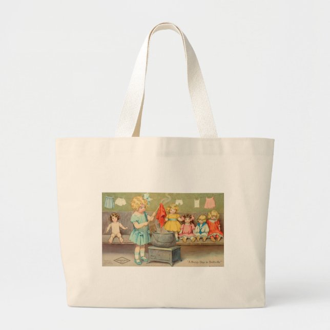 Bolsa Tote Grande Dolly Laundry Girl Vintage Brincando Bonecas (Frente)