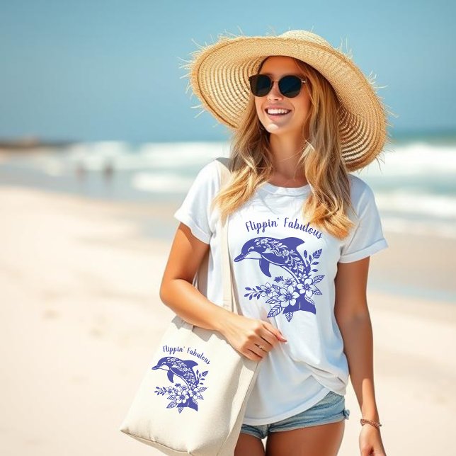 Bolsa Tote Grande Dolphin-Flippin' Fabulous-Blue (Flippin Fabulous-Hawaiian Dolphin-Tropical Flowers-Fisherman Core-Beach bag-Large Beach Bag-Blue)