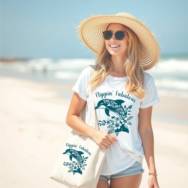Bolsa Tote Grande Dolphin-Flippin' Fabulous-Pescador Core- (Flippin Fabulous-Hawaiian Dolphin-Tropical Flowers-Fisherman Core-Beach bag-Large Beach Bag-Teal)