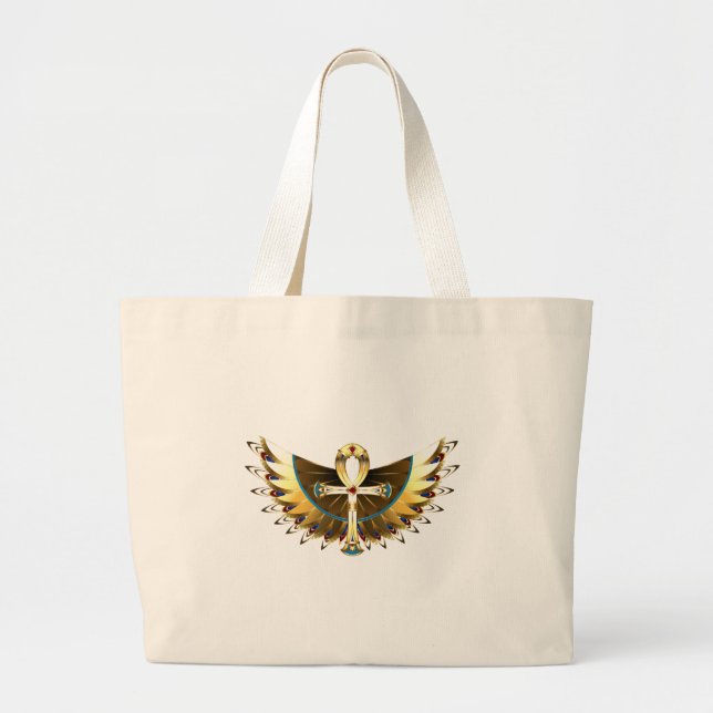 Bolsa Tote Grande Dourada Ankh com Asas (Frente)