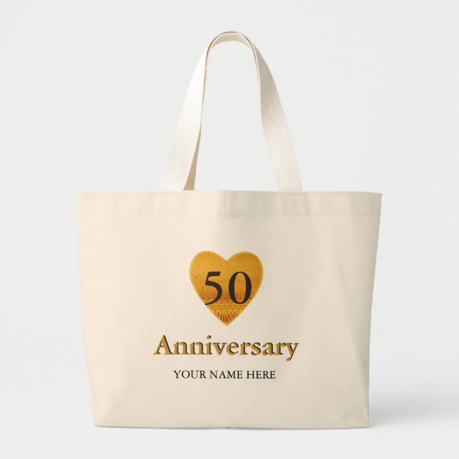 Bolsa Tote Grande Dourado Coração 50º Aniversário Personalizado (Frente)