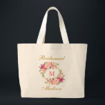Bolsa Tote Grande Dourado Monograma, Bridesmaid, Cor-de-Rosa Floral<br><div class="desc">Cor-de-água Rosa Esbranquiçada Monograma Floral Dourado Monograma Bridesmaid Tob - Grande</div>
