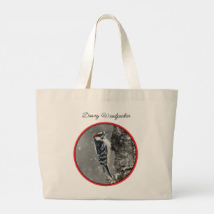 Bolsa Tote Grande Downy Woodpecker em fotografia original de inverno