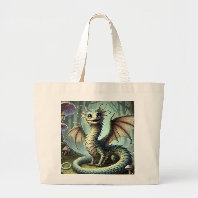 Bolsa Tote Grande Dragão Jabberwocky - Criatura da Fantasia Cuta (Frente)