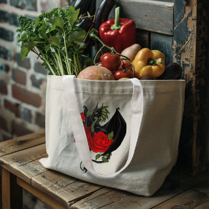 Bolsa Tote Grande Dragão Preto Rosas Vermelhas Lavanda
