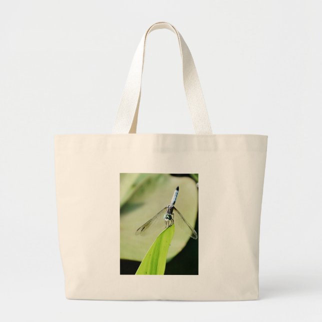 Bolsa Tote Grande Dragonfly azul sobre uma folha verde (Frente)