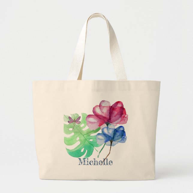 Bolsa Tote Grande Dragonfly E Aquarela Floral (Frente)