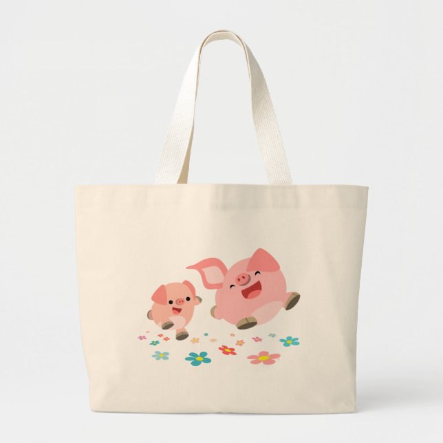 Bolsa Tote Grande É Primavera!-Dois Porcos de Cartoon Bonitos (Frente)