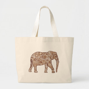 Bolsa Tote Grande Elefante de espiral fractal - castanho e esticado