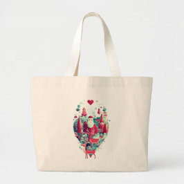 Bolsa Tote Grande Elegant Floral Crest Canvas Tote Bag with Red Hand