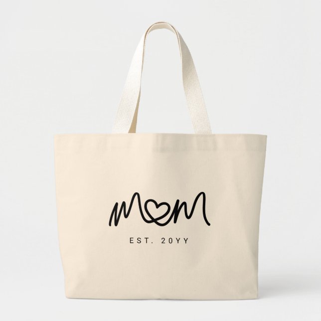Bolsa Tote Grande Elegante Coração de Script Preto Nova Mãe Estabele (Frente)