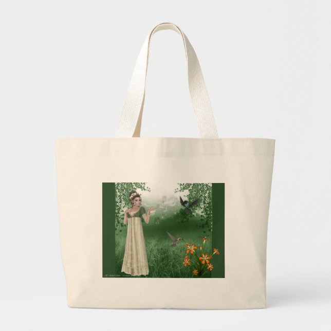 Bolsa Tote Grande Elf Magic no campo de grama com beija-flores (Frente)