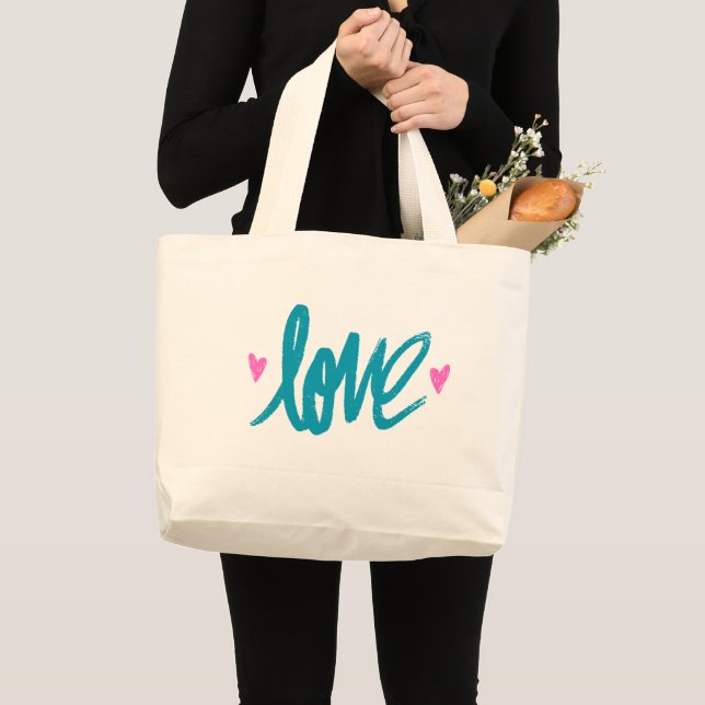 Bolsa Tote Grande Embrace The Love Turquoise Pink Heart Tote Bag (Frente (produto))