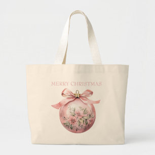 Bolsa Tote Grande Enfeites de natal Floral Cor de Água Rosa