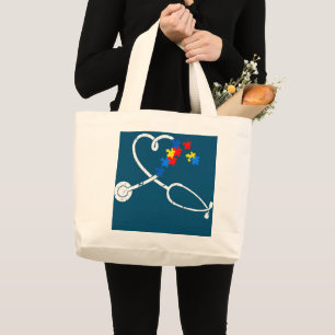 Bolsa Tote Grande Enfermeira Enfermeira Autismo Quebra-cabeça Steto