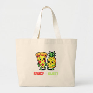Bolsa Tote Grande Engraçado Fofo Kawaii Pizza Abacaxi Amigos Saucy