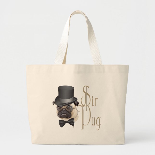 Bolsa Tote Grande Engraçado, Grande Chapéu Monóculo Sir Pug Dog (Frente)