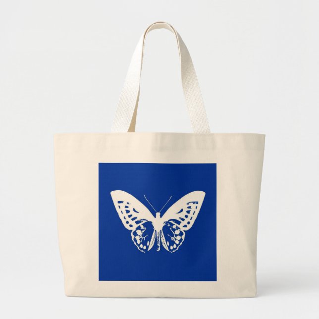 Bolsa Tote Grande Esboço da borboleta, azul de cobalto e branco (Frente)