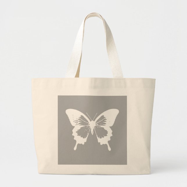 Bolsa Tote Grande Esboço da borboleta, cinza prateada e branco (Frente)
