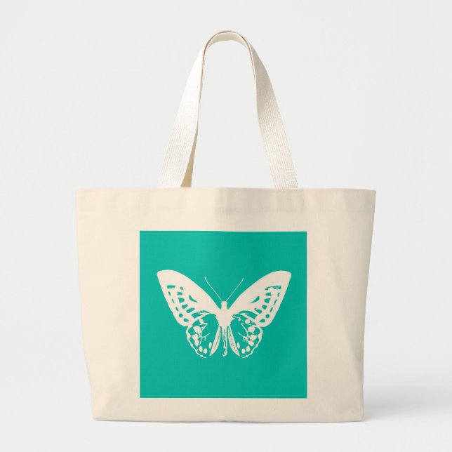 Bolsa Tote Grande Esboço da borboleta, turquesa e branco (Frente)