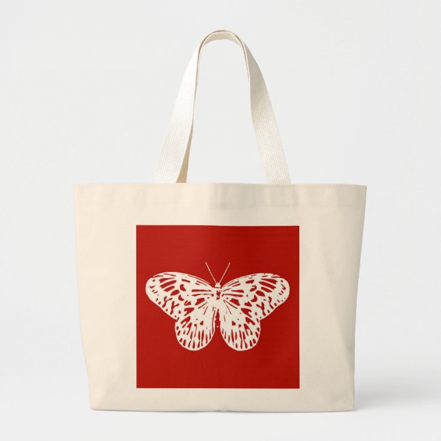 Bolsa Tote Grande Esboço da borboleta, vermelho e branco profundos (Frente)