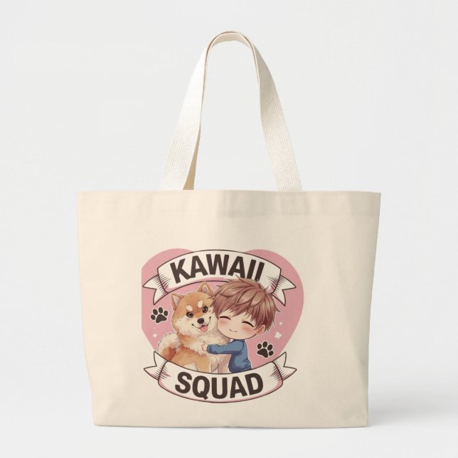 Bolsa Tote Grande Esquadrão Kawaii Shiba Inu Cachorro Lover Chibi An (Frente)