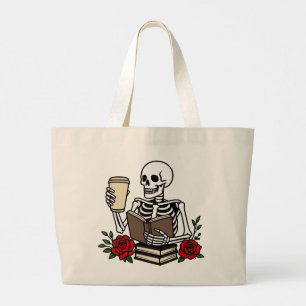 Bolsa Tote Grande Esqueleto Floral Vermelho Amante de Livro Divertid