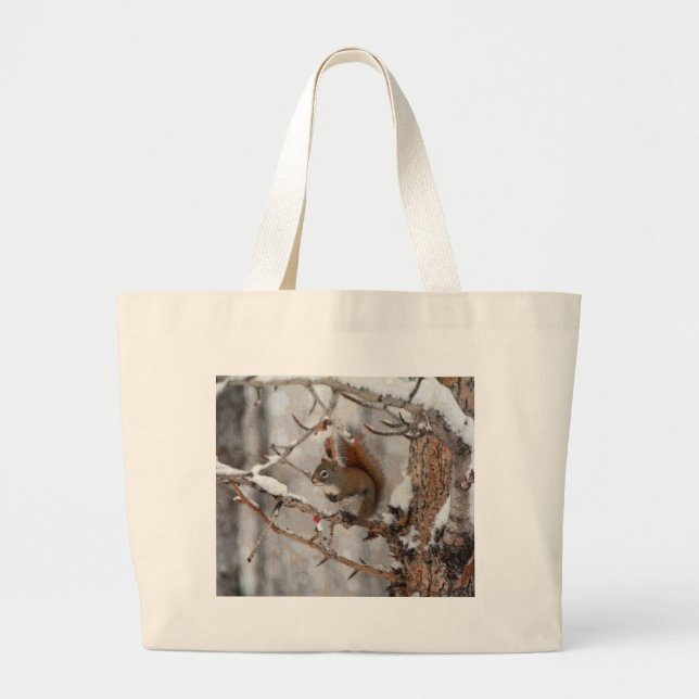 Bolsa Tote Grande Esquilo de inverno, neve e berries vermelhos Desig (Frente)
