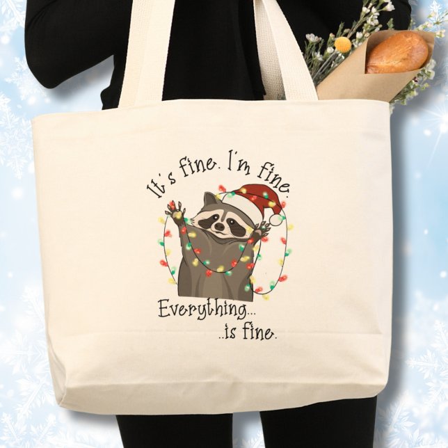 Bolsa Tote Grande Está tudo bem, estou bem, Natal engraçado (Raccoon in trouble with Christmas lights, funny I'm fine,It's fine tote bag)