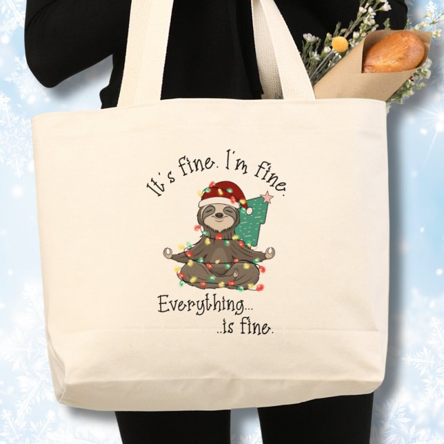 Bolsa Tote Grande Está tudo bem, estou bem, Natal engraçado (Meditating sloth, Funny Christmas stress free tote bag)