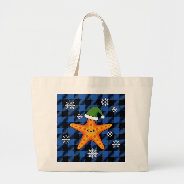 Bolsa Tote Grande Estaleiro do Natal Kawaii no padrão azul de búfalo (Frente)