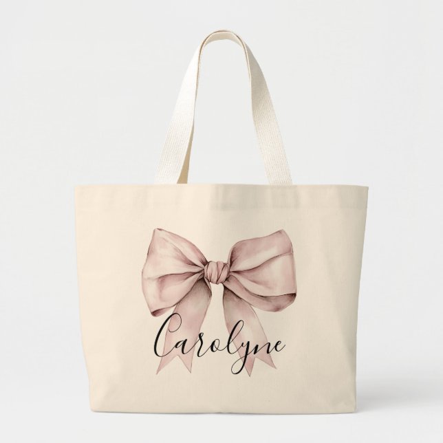 Bolsa Tote Grande Estética coquete com laço rosa Nome Personalizado (Frente)