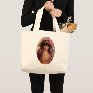 Bolsa Tote Grande Estilo Vintage Retrato da Mulher Bonita em Rosa
