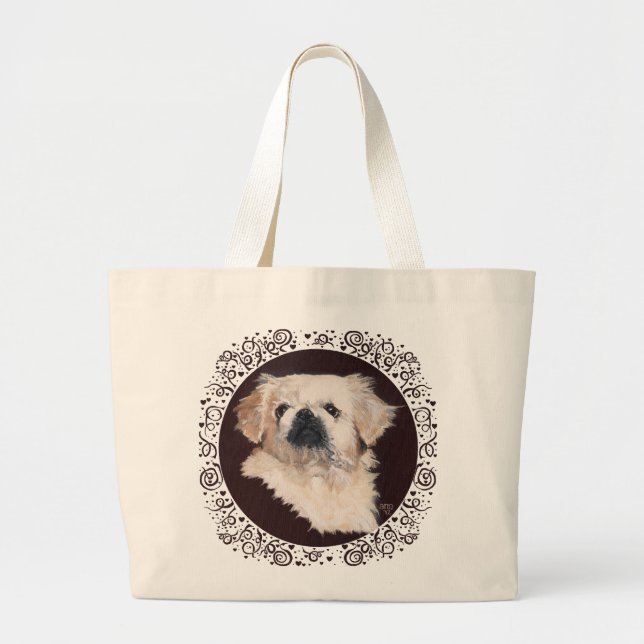 Bolsa Tote Grande Estudo da Cabeça de Pequinês Branco (Frente)