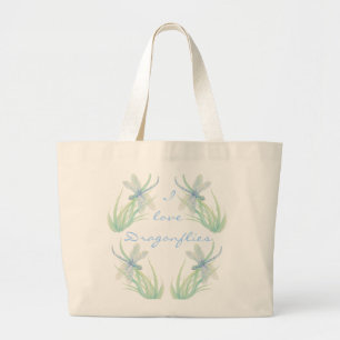 Bolsa Tote Grande Eu adoro Dragonflies em Blue and Green Watercolor