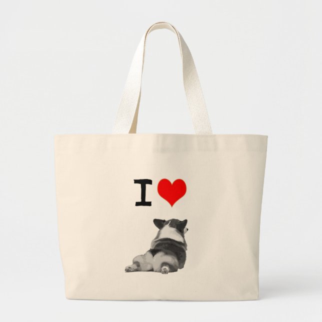 Bolsa Tote Grande Eu amo bumbuns do Corgi (Frente)