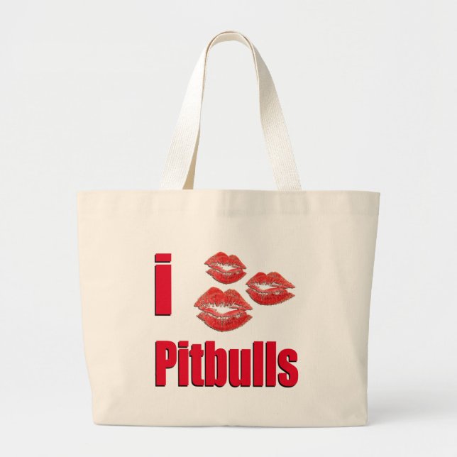 Bolsa Tote Grande Eu amo cães de Pitbull, beijos do batom loucos (Frente)
