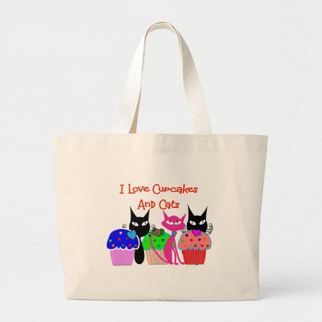 Bolsa Tote Grande "Eu amo cupcakes e gatos"--Presentes dos amantes (Frente)