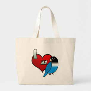 Bolsa Tote Grande Eu amo meu Lovebird mascarado do preto azul