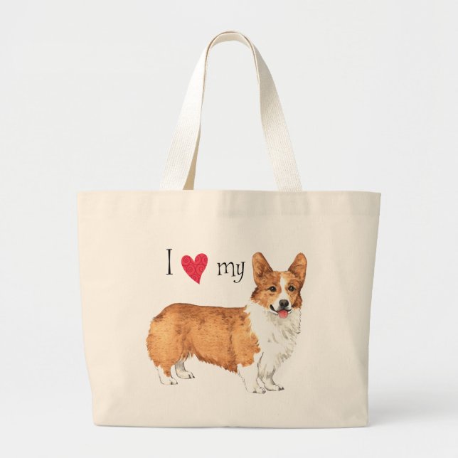 Bolsa Tote Grande Eu amo meu Pembroke Welsh Corgi (Frente)