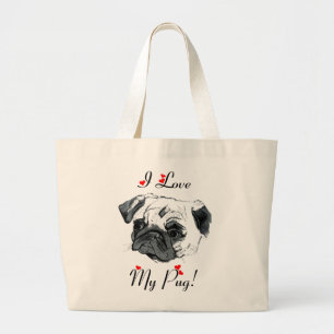 Bolsa Tote Grande Eu amo meu Pug! Bonito