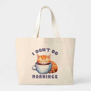 Bolsa Tote Grande Eu não faço manhãs - Gato Laranja Bonito com Café