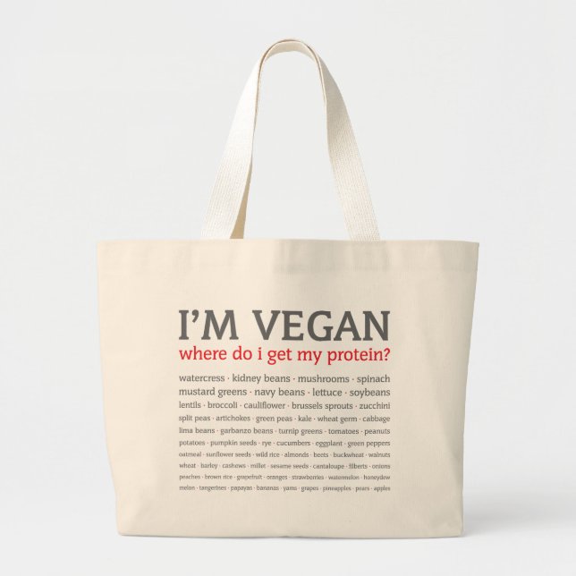 Bolsa Tote Grande Eu sou Vegan: De onde eu obtenho minha proteína? (Frente)