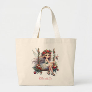 Bolsa Tote Grande Fada de Natal com Aquarela   Nome personalizado