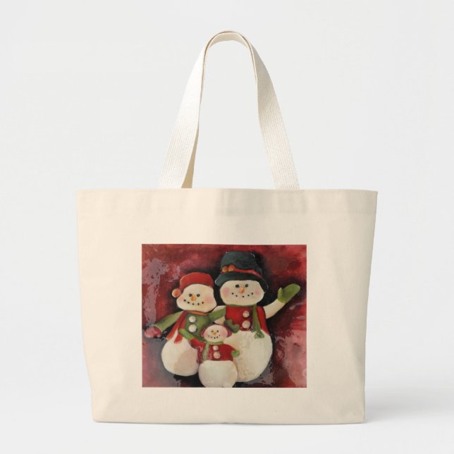 Bolsa Tote Grande Família vermelha do boneco de neve (Frente)