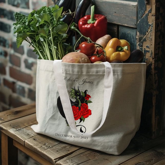 Bolsa Tote Grande Fantasia de Rosas vermelhas de Dragão Negro (Criador carregado)