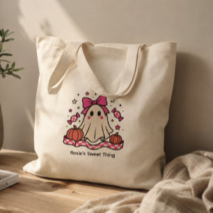 Bolsa Tote Grande Fantasma com Laço Rosa Fofo e Nome Xadrez Rosa Pas