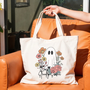 Bolsa Tote Grande Fantasma fofo floral laranja rosa no Halloween